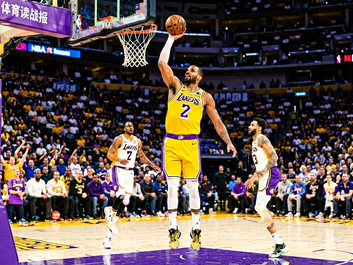 NBA常规赛湖人队比赛现场，球员突破上篮精彩瞬间